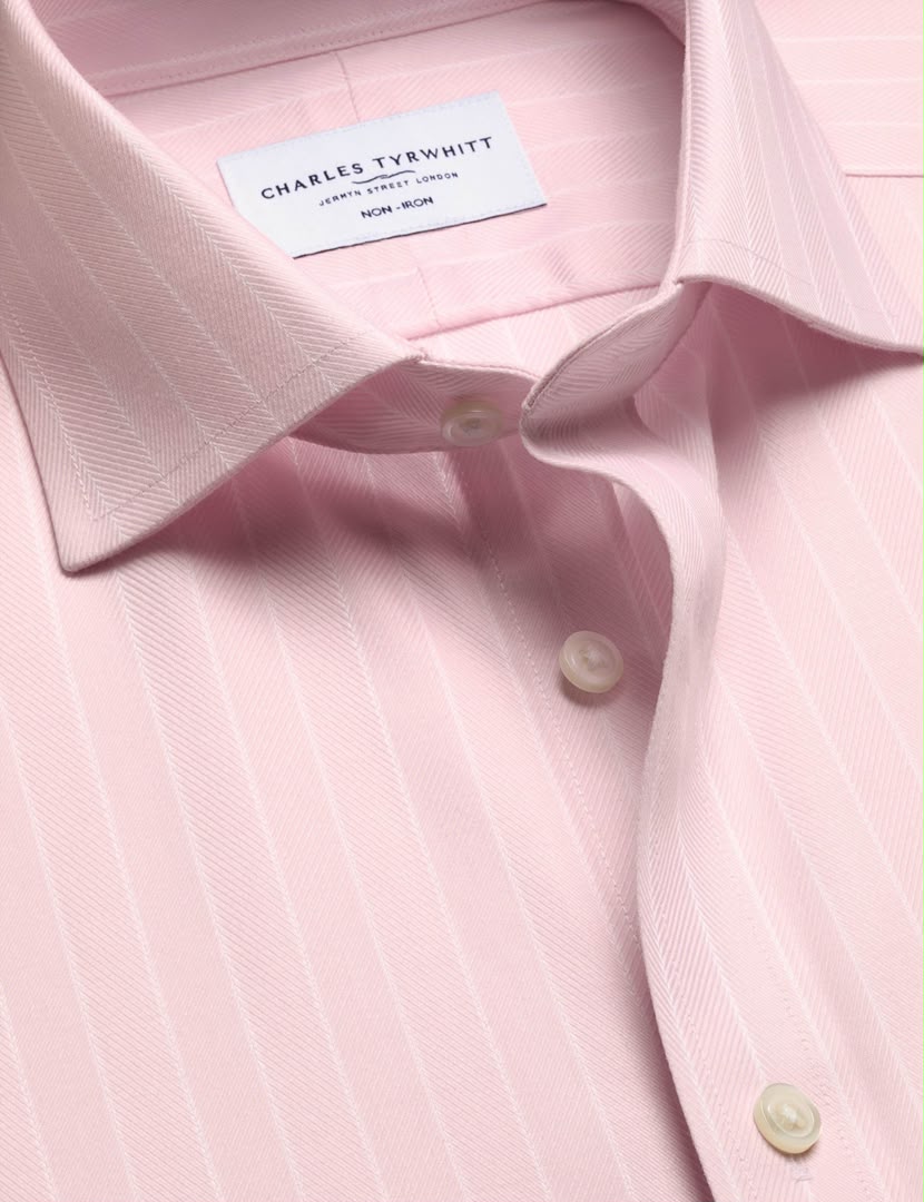 Cutaway Collar Non-Iron Herringbone Stripe Classic Fit Shirt - Light Pink
