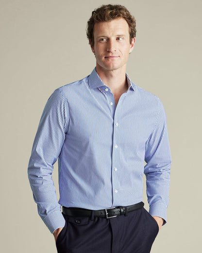 Semi-Cutaway Collar Non-Iron Twill Performance Stripe Slim Fit Shirt - Royal Blue