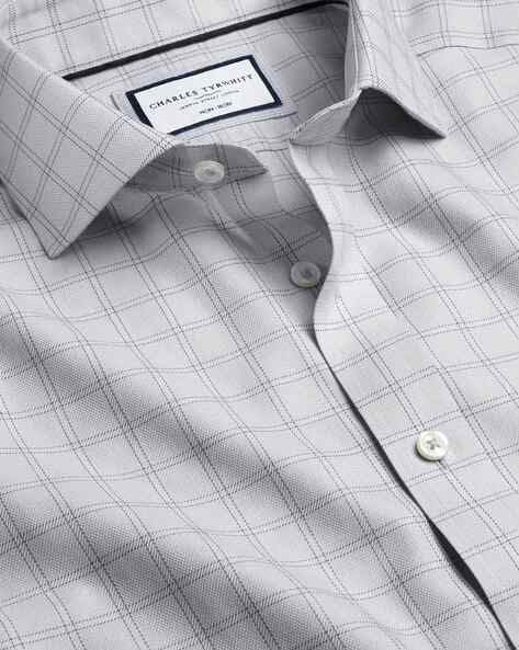 Double Cuff Non-Iron Mayfair Weave Grid Check Slim Fit Shirt - Silver Grey