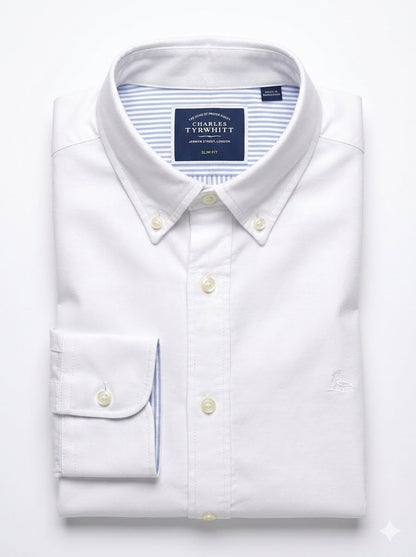 Button-Down Washed Oxford Slim Shirt - White
