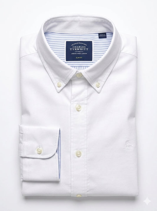 Button-Down Washed Oxford Slim Shirt - White