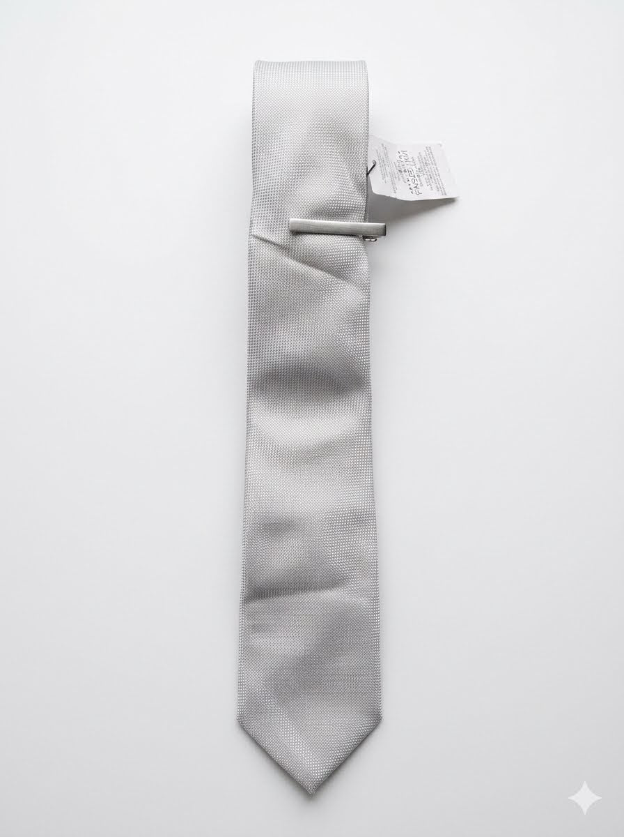 Classic Silver Textured Neck Tie & Silver Tie Clip