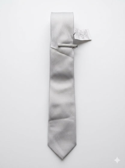 Classic Silver Textured Neck Tie & Silver Tie Clip