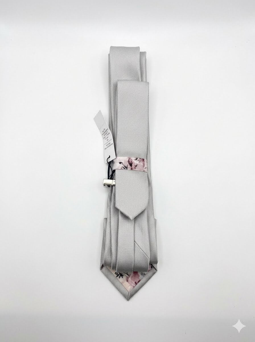 Classic Silver Textured Neck Tie & Silver Tie Clip