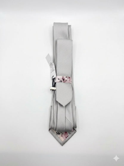 Classic Silver Textured Neck Tie & Silver Tie Clip
