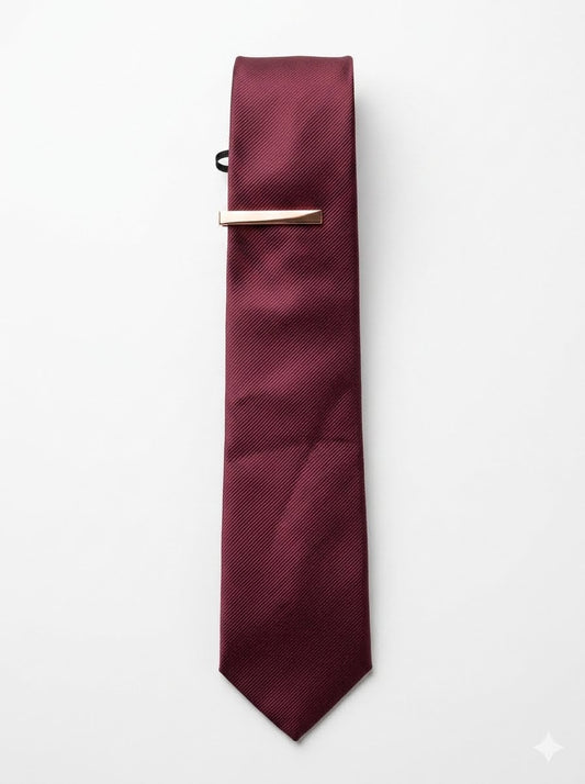 Slim Burgundy Textured Neck Tie & Clip Set