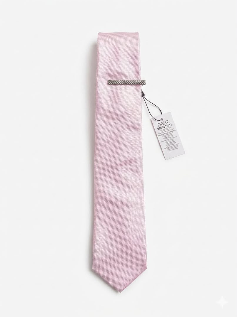 Textured Neck Tie & Silver Tie Clip - Light Pink