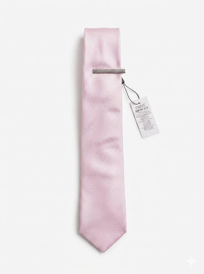 Textured Neck Tie & Silver Tie Clip - Light Pink