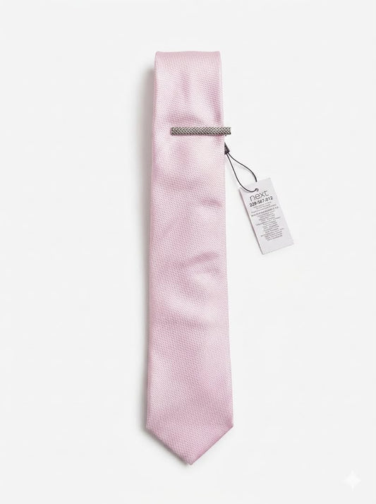 Textured Neck Tie & Silver Tie Clip - Light Pink