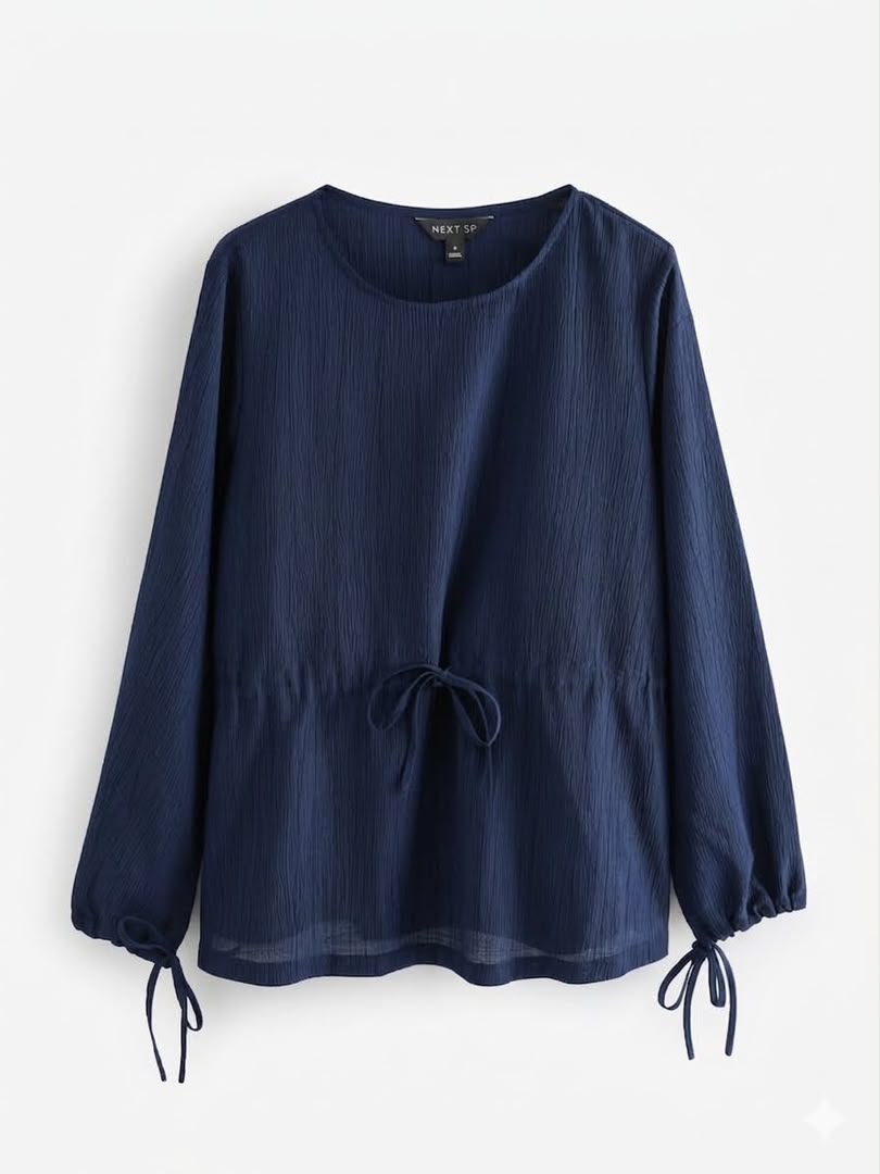 Long Sleeve Side Tie Blouse - Navy Blue