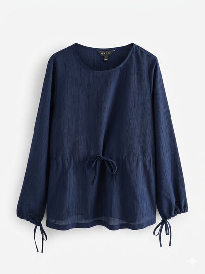 Long Sleeve Side Tie Blouse - Navy Blue