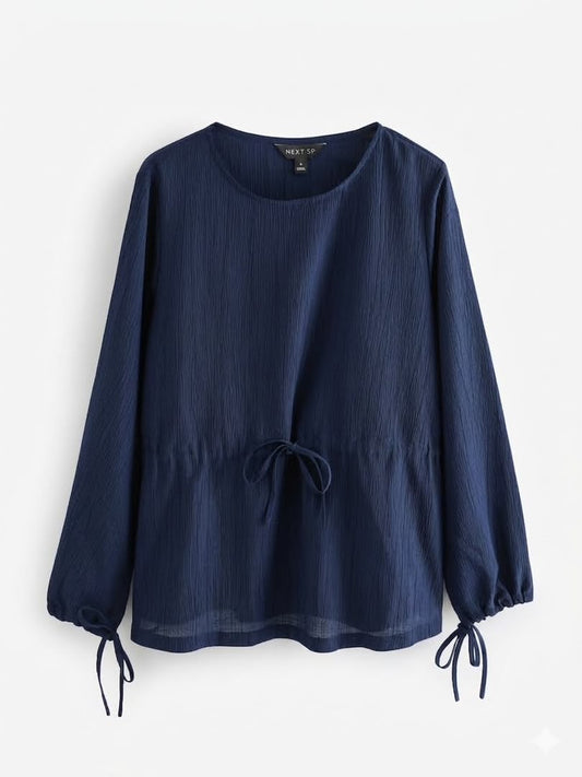 Long Sleeve Side Tie Blouse - Navy Blue