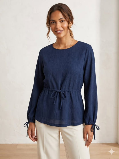 Long Sleeve Side Tie Blouse - Navy Blue