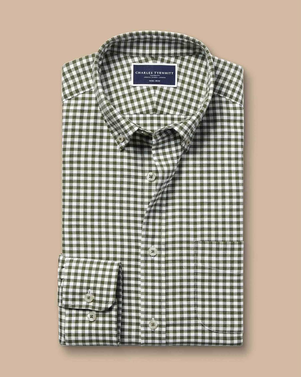 Button-Down Non-Iron Twill Gingham Check Extra Slim Fit Shirt - Olive Green