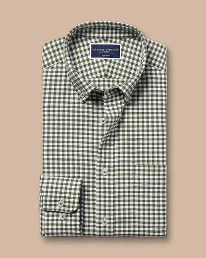 Button-Down Non-Iron Twill Gingham Check Extra Slim Fit Shirt - Olive Green