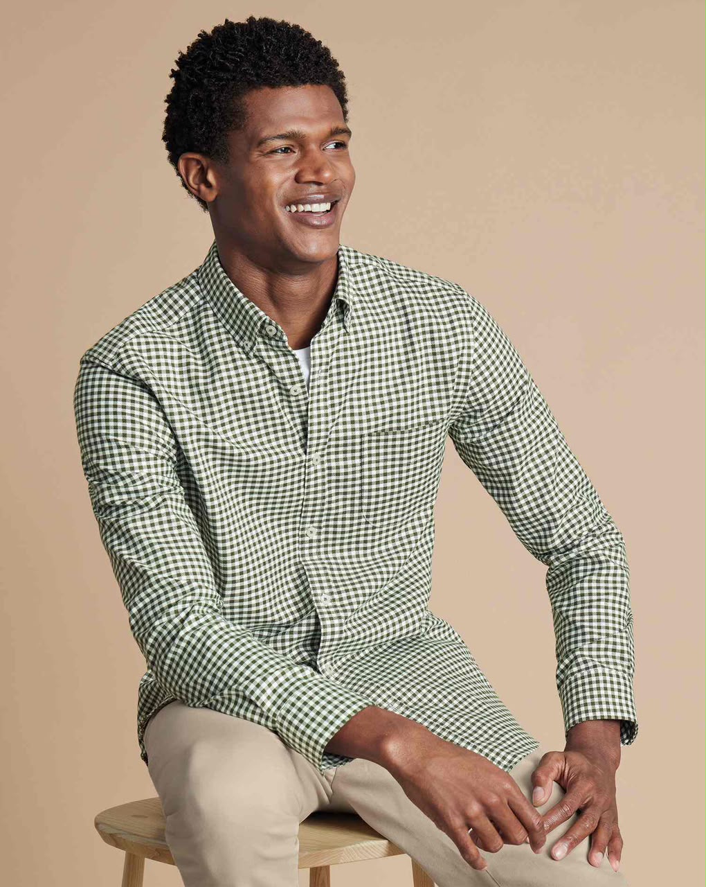 Button-Down Non-Iron Twill Gingham Check Extra Slim Fit Shirt - Olive Green