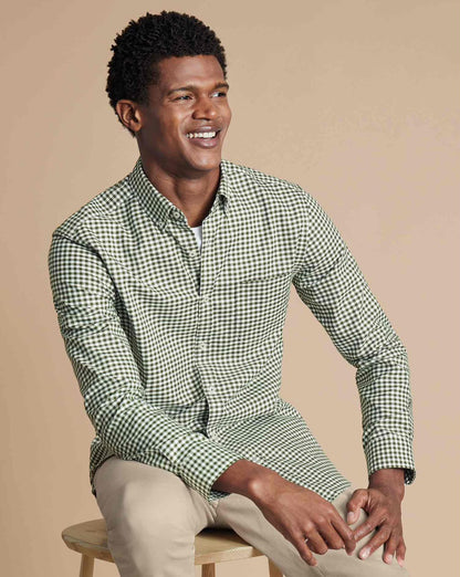 Button-Down Non-Iron Twill Gingham Check Extra Slim Fit Shirt - Olive Green