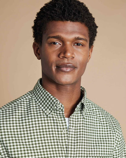 Button-Down Non-Iron Twill Gingham Check Extra Slim Fit Shirt - Olive Green