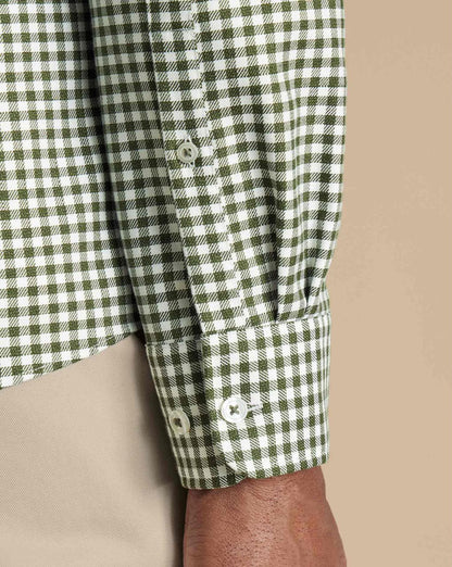Button-Down Non-Iron Twill Gingham Check Extra Slim Fit Shirt - Olive Green