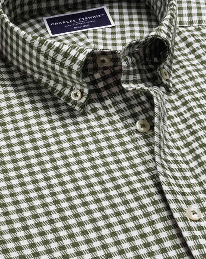 Button-Down Non-Iron Twill Gingham Check Extra Slim Fit Shirt - Olive Green