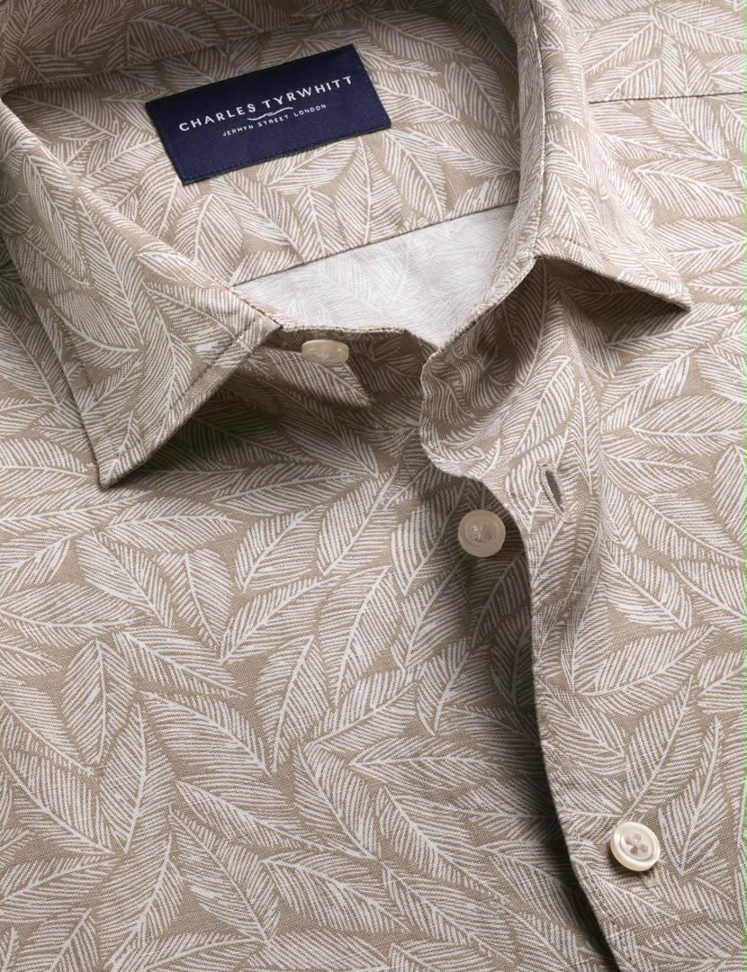 Short Sleeve Cotton Linen Blend Printed Slim Fit Shirt