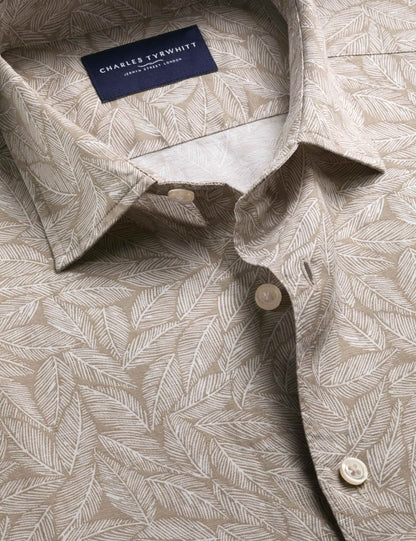 Short Sleeve Cotton Linen Blend Printed Slim Fit Shirt
