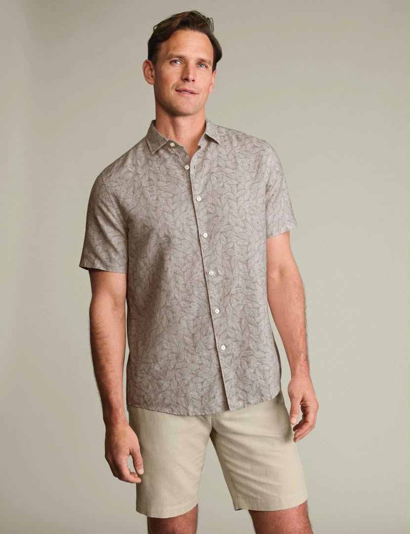 Short Sleeve Cotton Linen Blend Printed Slim Fit Shirt