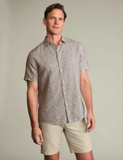 Short Sleeve Cotton Linen Blend Printed Slim Fit Shirt