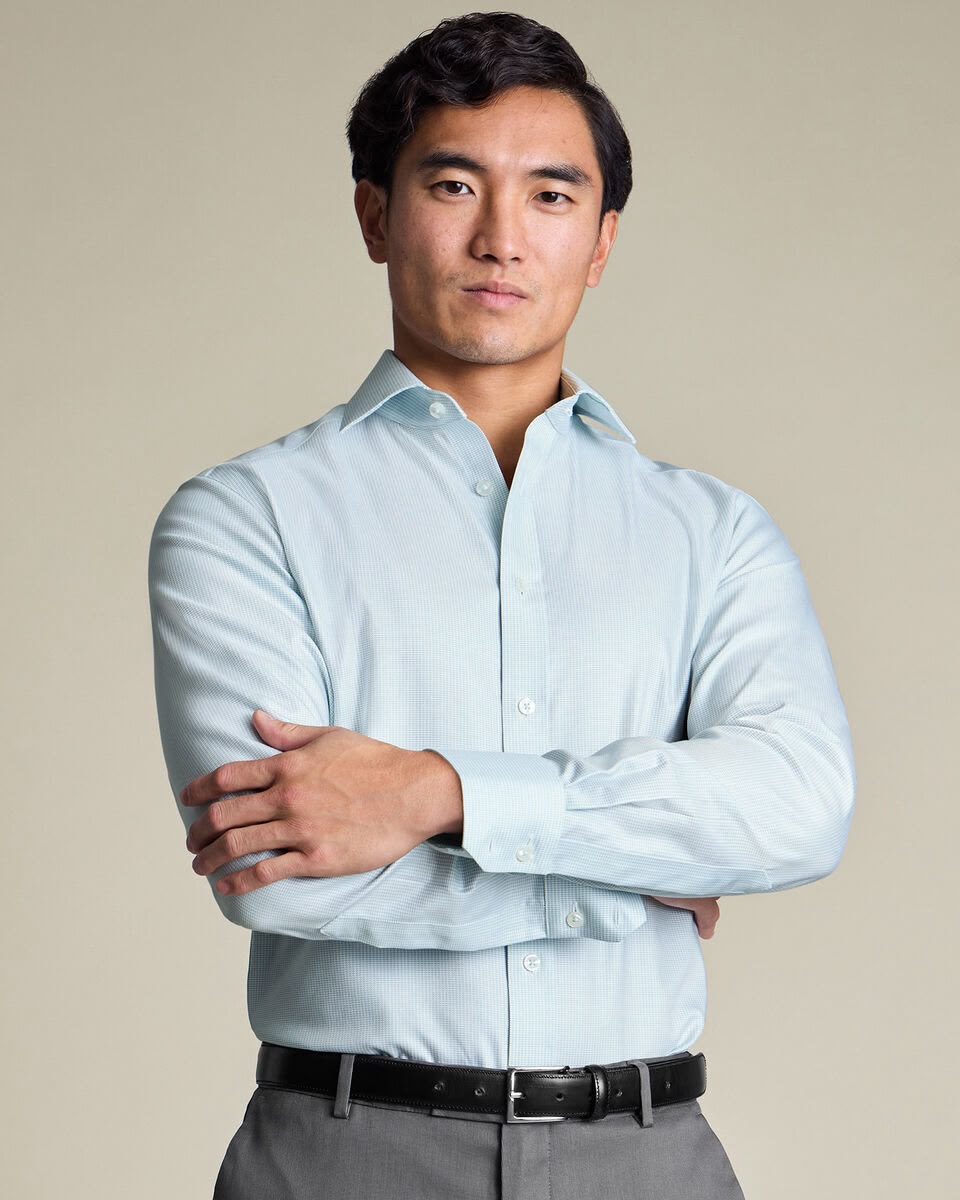 Cutaway Collar Non-Iron Stretch Greenwich Weave Slim Fit Shirt – Aqua