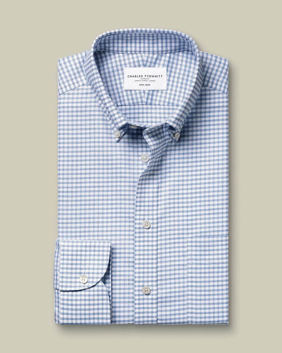 Button-Down Collar Non-Iron Stretch Oxford Check Slim Fit Shirt - Mid Blue