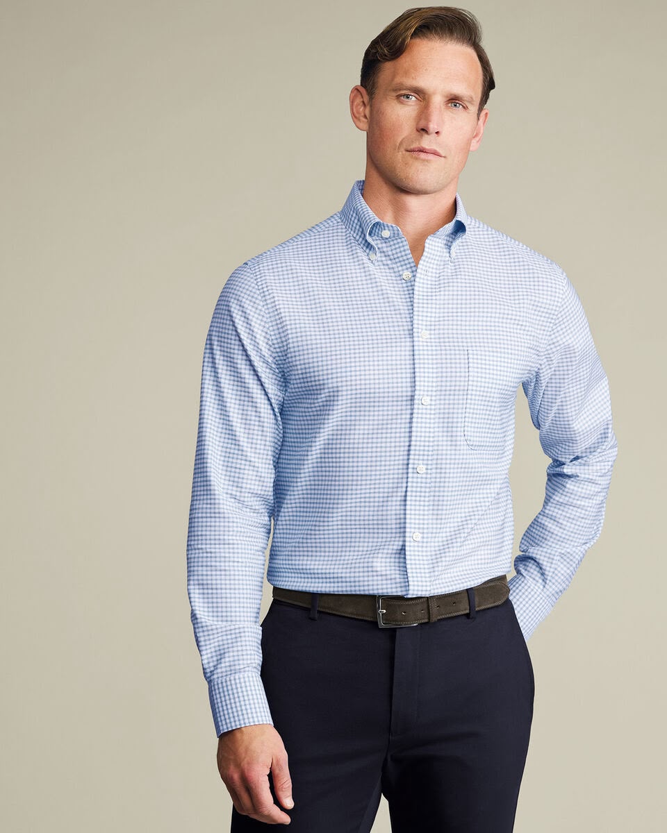 Button-Down Collar Non-Iron Stretch Oxford Check Slim Fit Shirt - Mid Blue