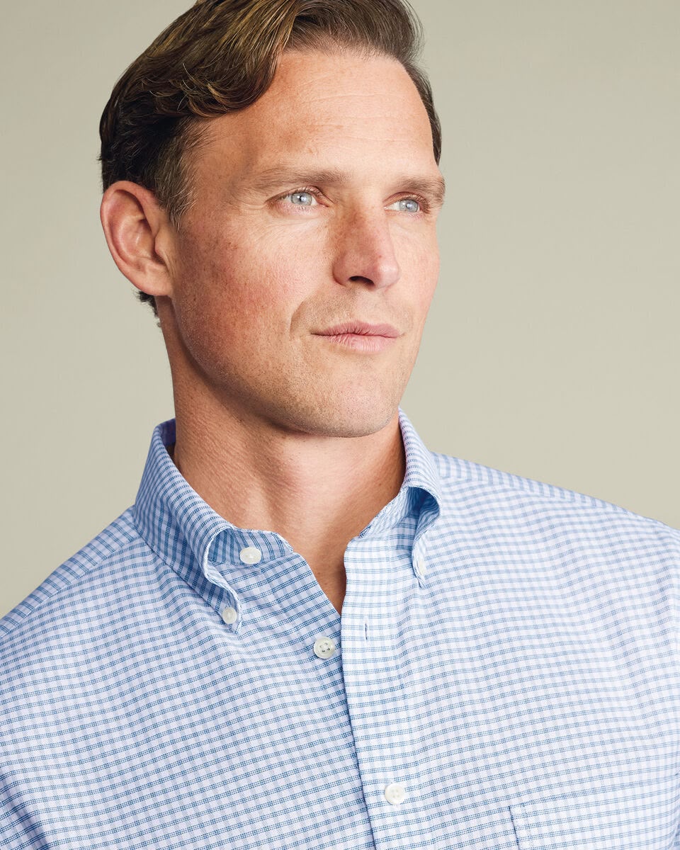 Button-Down Collar Non-Iron Stretch Oxford Check Slim Fit Shirt - Mid Blue