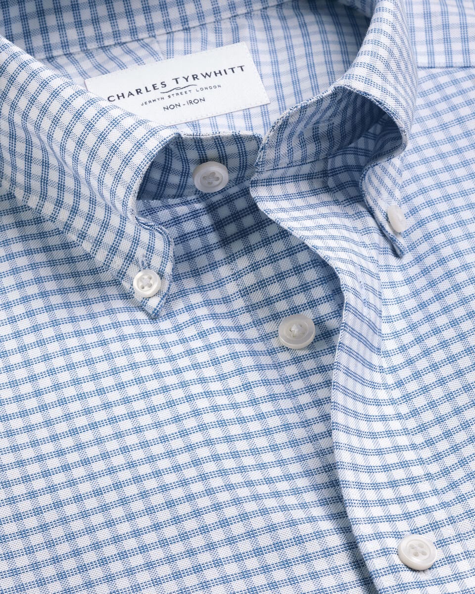 Button-Down Collar Non-Iron Stretch Oxford Check Slim Fit Shirt - Mid Blue