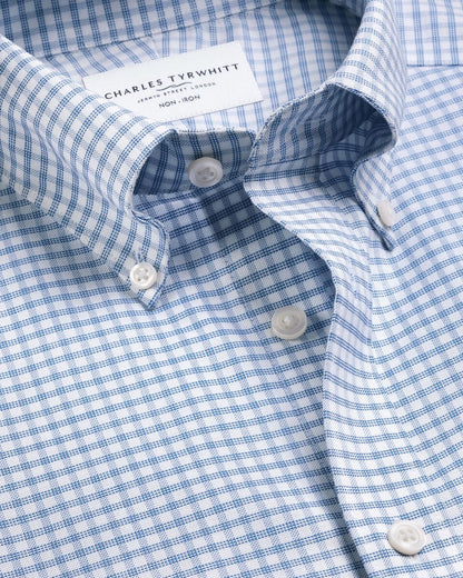 Button-Down Collar Non-Iron Stretch Oxford Check Slim Fit Shirt - Mid Blue