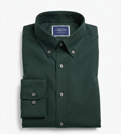 Non-Iron Stretch Washed Oxford Slim Fit Shirt - Forest Green