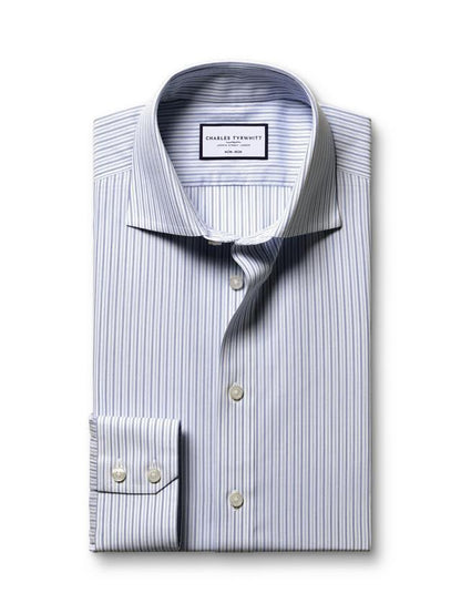 Non-Iron Stripe Cotton Slim Fit Shirt - Mid Blue