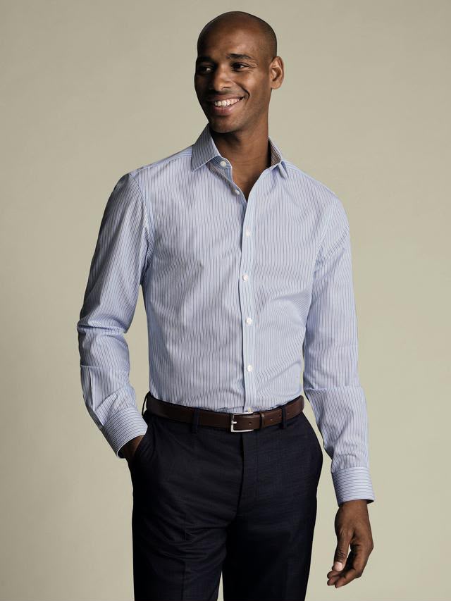Non-Iron Stripe Cotton Slim Fit Shirt - Mid Blue
