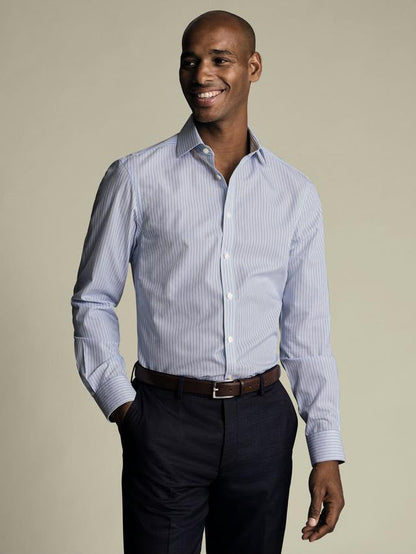 Non-Iron Stripe Cotton Slim Fit Shirt - Mid Blue