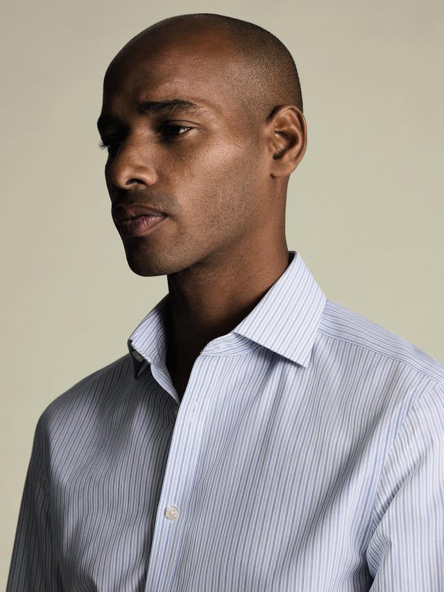Non-Iron Stripe Cotton Slim Fit Shirt - Mid Blue