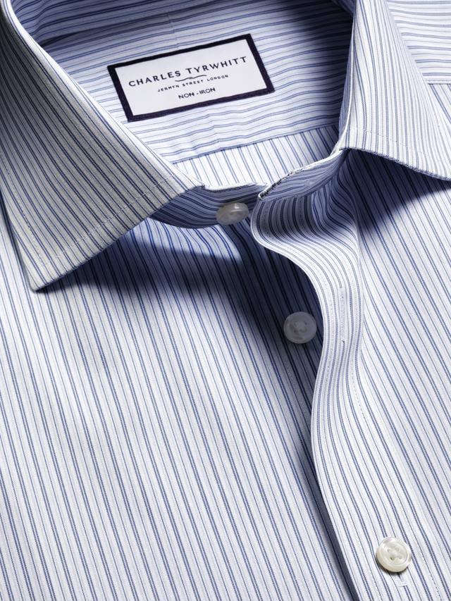 Non-Iron Stripe Cotton Slim Fit Shirt - Mid Blue