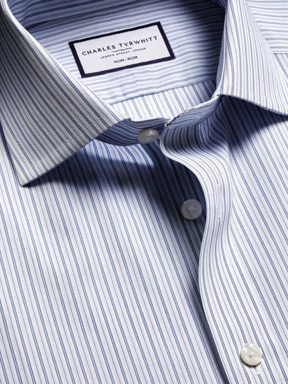 Non-Iron Stripe Cotton Slim Fit Shirt - Mid Blue