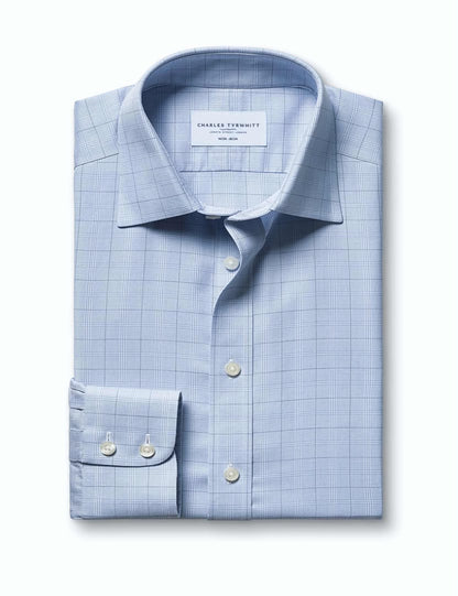 Semi-Cutaway Non-Iron Pure Cotton Twill Check Slim Fit Shirt - Mid Blue