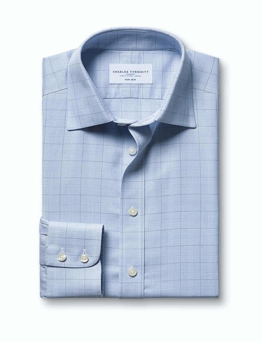 Semi-Cutaway Non-Iron Pure Cotton Twill Check Slim Fit Shirt - Mid Blue