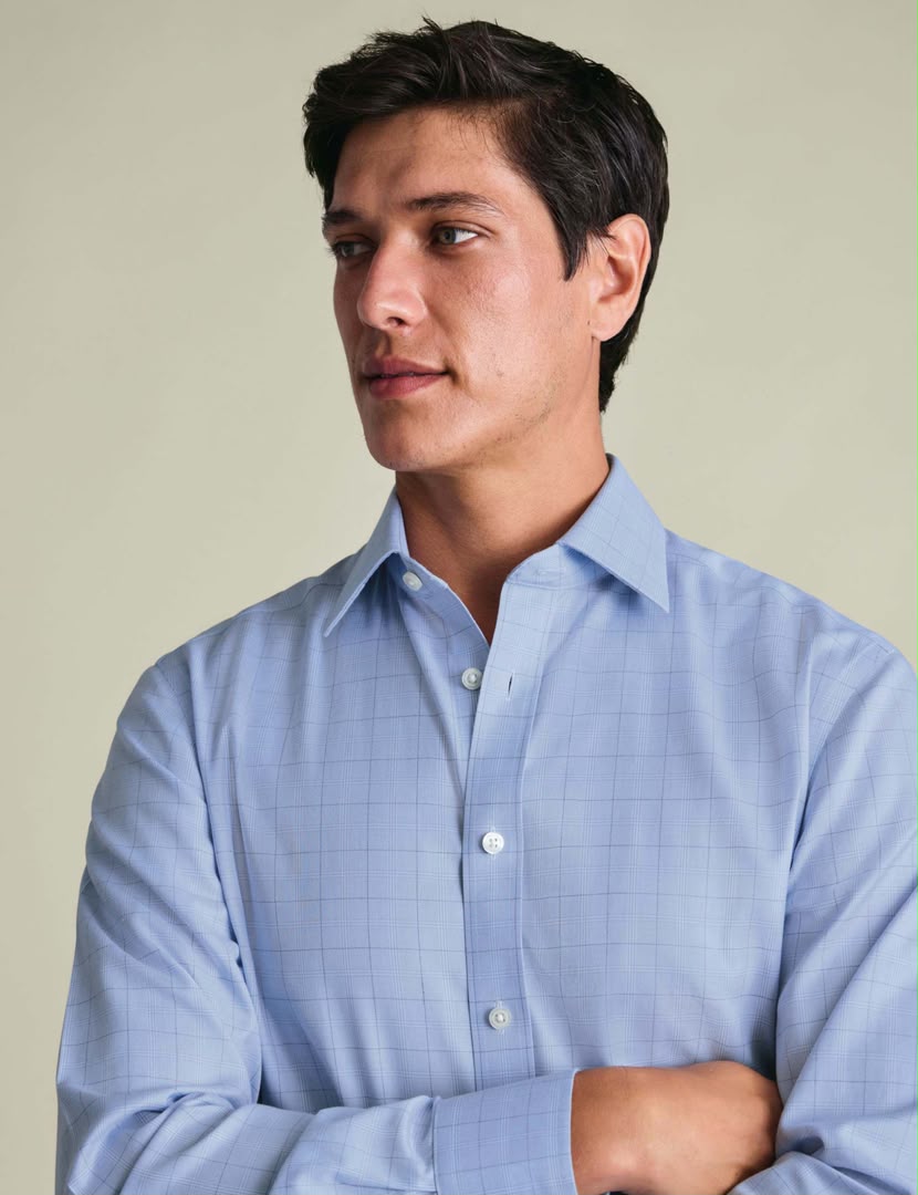 Semi-Cutaway Non-Iron Pure Cotton Twill Check Slim Fit Shirt - Mid Blue