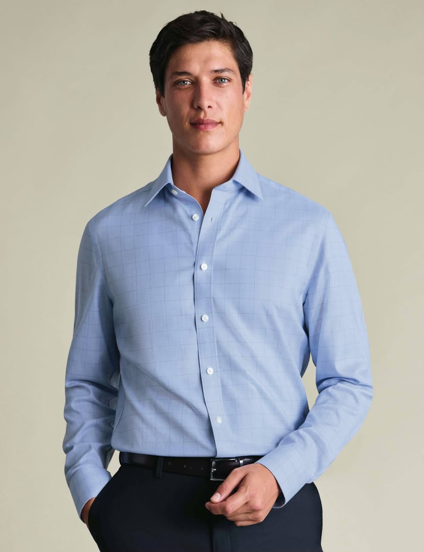 Semi-Cutaway Non-Iron Pure Cotton Twill Check Slim Fit Shirt - Mid Blue
