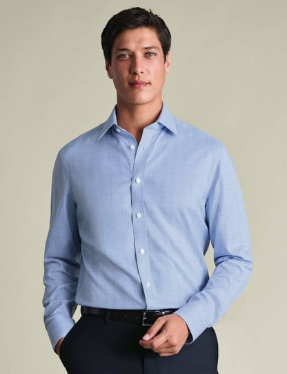 Semi-Cutaway Non-Iron Pure Cotton Twill Check Slim Fit Shirt - Mid Blue