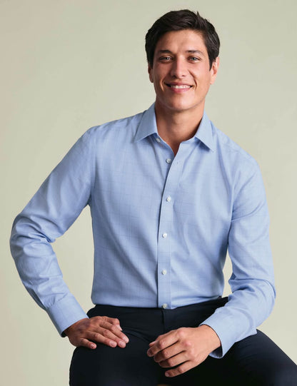 Semi-Cutaway Non-Iron Pure Cotton Twill Check Slim Fit Shirt - Mid Blue