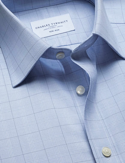 Semi-Cutaway Non-Iron Pure Cotton Twill Check Slim Fit Shirt - Mid Blue