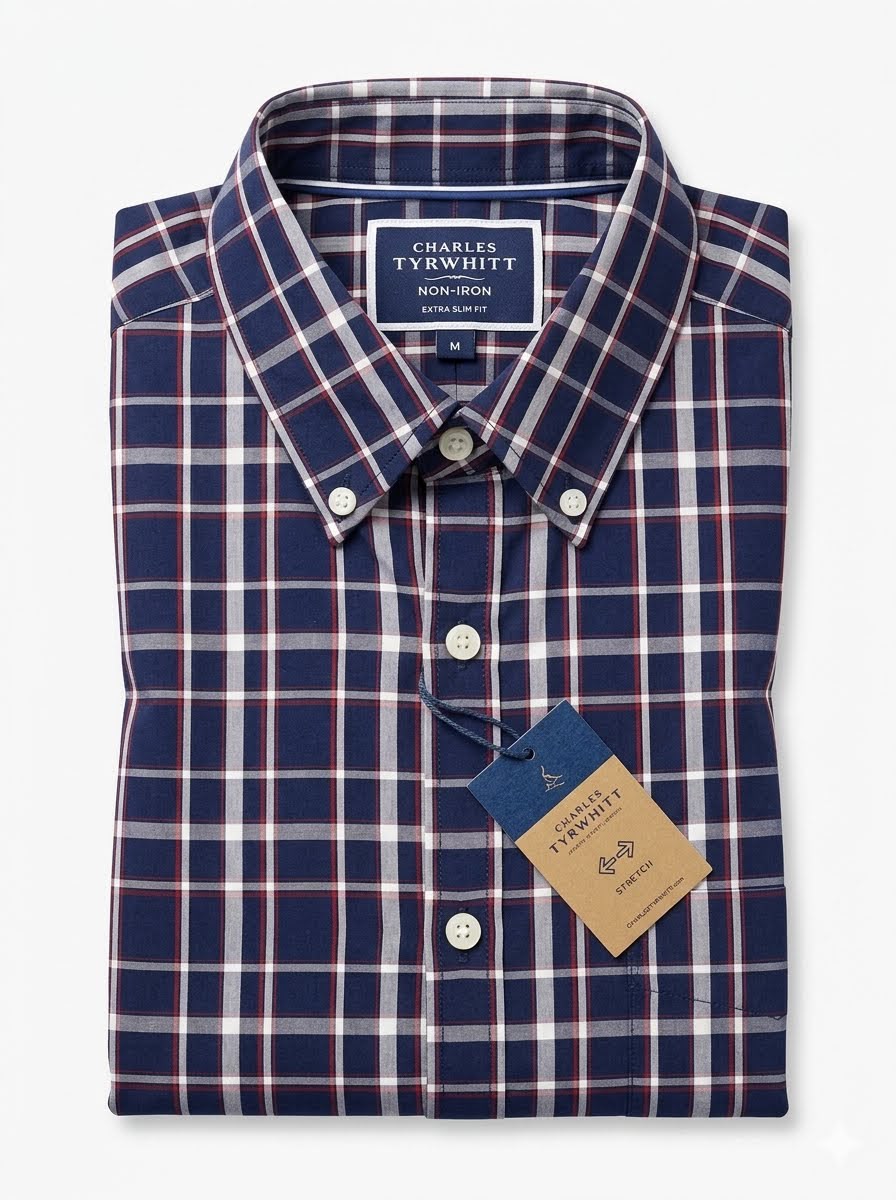 Button-Down Collar Non-Iron Stretch Poplin Check Extra Slim Fit Shirt - Blue