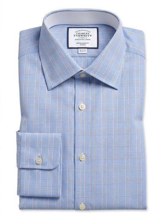 Double Cuff Non-Iron Prince Of Wales Check Twill Extra Slim Fit Shirt - Sky Blue